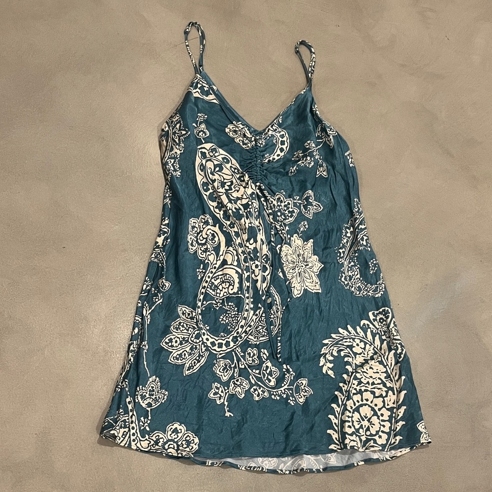 Zara Teal and Cream Paisley Dress Silky Mini dress